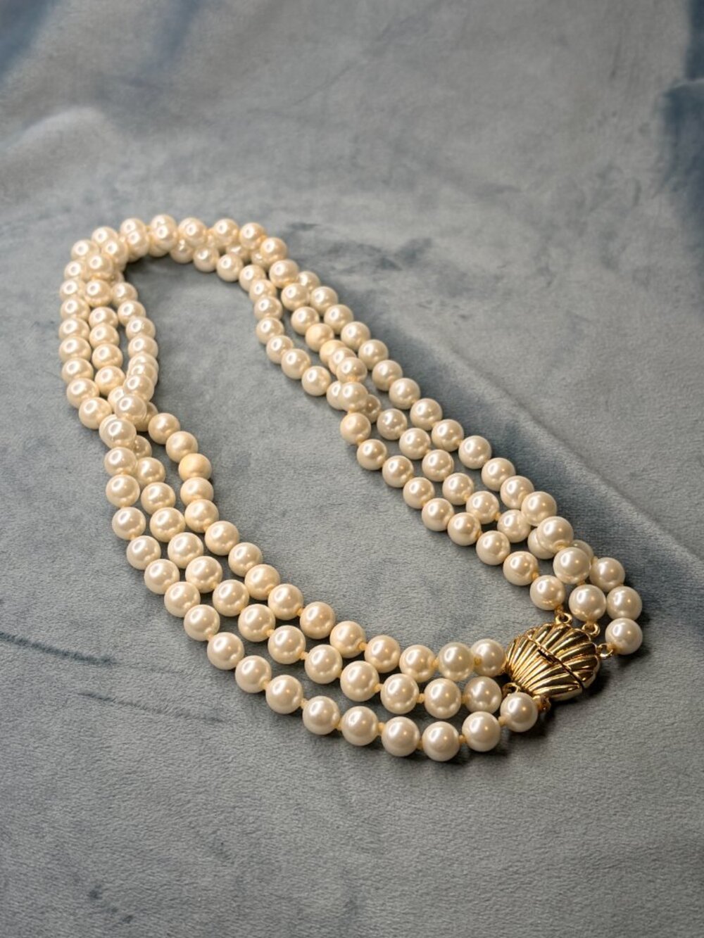 Vintage Butler Signed Multi-Strand Faux Pearl Necklace Hand Knotted Clam Clasp